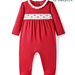 Babyoye 100% Cotton Knit Full Sleeves Footed Sleep Suit with Bow Print & Frill Detailing - Red-image-32