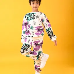 Anthrilo Fleece Full Sleeves Ready For That Text Printed Sweatshirt & Coordinating Joggers Set - White-picture-17