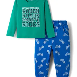 Honeyhap Premium Cotton Knit Full Sleeves Night Suit With Bio Finish & Text Print - Mint Leaf & Indigo Bunting-image-42