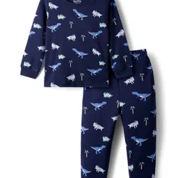Bonfino 100% Cotton Knit Full Sleeves Co-Ord Night Suit with Dino Print - Navy Blue-picture-15