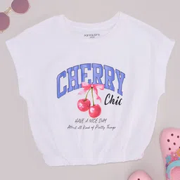 Pantaloons Junior Cotton Elastane Knit Short Dolman Sleeves Cherry Printed Top - White-picture-20