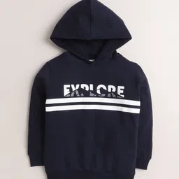 BUMZEE Fleece Knit Full Sleeves Text Printed Hooded Sweatshirt - Navy Blue image 2