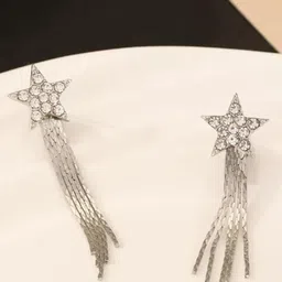 Estailo fashion Silver-Plated Artificial Stones Studded Star Tasselled Drop Earrings-picture-32