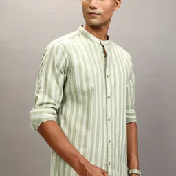 HIGHLANDER Men Band Collar Vertical Striped Cotton Casual Shirt image 4