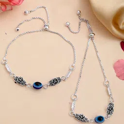 VOJ Silver-Plated Stainless Steel Flower And Evil Eye Beaded Anklet-picture-24