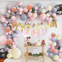 r g accessories Solid Pink Grey Yellow Balloons, Happy Birthday Banner Decoration Kit (Pack Of 41) Balloon image 3