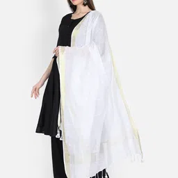 THE WEAVE TRAVELLER White & Gold-Toned Woven Design Cotton Blend Dupatta image 1