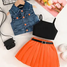 INCLUD Girls Sleeveless Denim Jacket With Pleated Skirt And Camisole Top-picture-20