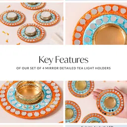 Nestasia Blue & Red 4 Pieces Mirror Work Embellished Tea Light Candle Holders image 5