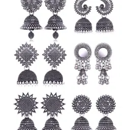 DIVASTRI Set Of 6 Silver-Plated Ghungroo Beaded Dome Shaped Oxidised Jhumkas-image-39