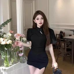 kpop Elegant Black Solid Mini Bodycon Dress image 2