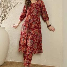 Indo Era Women Floral Printed Pleated Pure Cotton Kurta with Trousers-picture-20