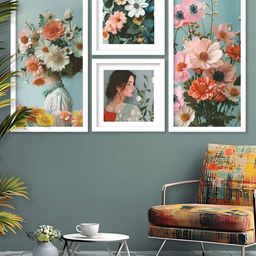 Kotart White & Pink 4 Pieces Floral Printed Wooden Wall Arts-picture-36