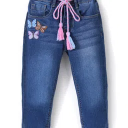 Babyhug Cotton Washed Denim Full Length Stretchable Jeans With Butterfly Embroidery - Blue-picture-15