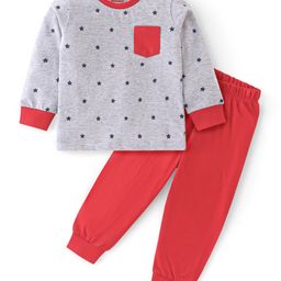 Babyhug Cotton Knit Full Sleeves Night Suit Star Print - Red-picture-7