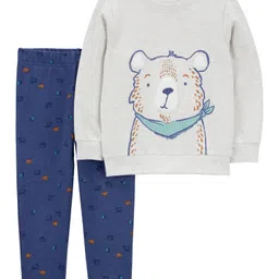 Carter's Knit Full Sleeves T-Shirt & Lounge Pant Set With Bear Print - Grey & Blue-picture-37