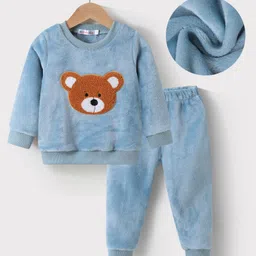 Kookie Kids Full Sleeves Winter Wear Suit With Teddy Applique - Blue-picture-12