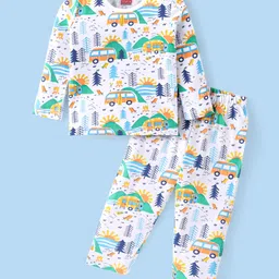 Babyhug Cotton Knit Full Sleeves Night Suit with Vehicle Print - White-picture-15