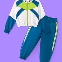 Ollington St. Cotton Looper Knit Full Sleeves Color Blocked Jacket & Joggers Set  - Teal Blue & White-picture-28