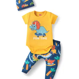 Babyhug 100% Cotton Knit Half Sleeves Onesie & Legging With Dino Print & Cap - Yellow & Navy Blue-picture-28