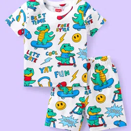Babyhug Cotton Knit Half Sleeves Short Night Suitwith Dino Print - White-picture-19
