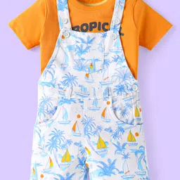 Babyhug Single Jersey Knit Half Sleeves T-Shirt & Dungaree with Beach Theme Print - White & Orange-picture-33