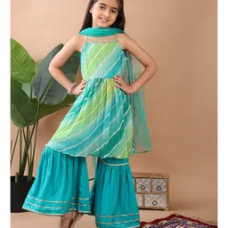 Kinder Kids Cotton Blend Sleeveless Leheriya Printed & Gota Late Embellished Kurta Sharara With Dupatta Set - Green-picture-24