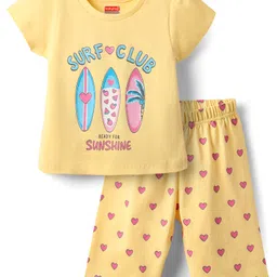Babyhug Cotton Knit Half Sleeves Capri Night Suit With Surfing & Heart Print - Yellow-picture-34