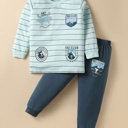CUCUMBER Sinker Knit Full Sleeves Striped T-Shirt & Joggers Set With Skiing Print - Sea Green-picture-24