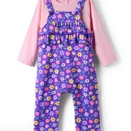 Babyhug Single Jersey Knit Floral Printed Dungaree with Full Sleeves Inner Tee - Pink & Purple-picture-16