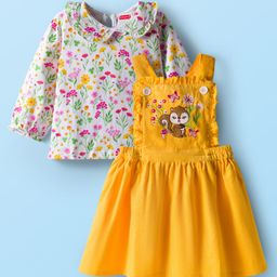Babyhug Cotton Woven Frock with Full Sleeves Inner Top with Floral Print & Embroidery - Yellow & White-picture-44