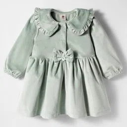 ToffyHouse Knitted Full Sleeves Solid Color Peter Pan Collared Frock with Bow Applique - Light Green-picture-10