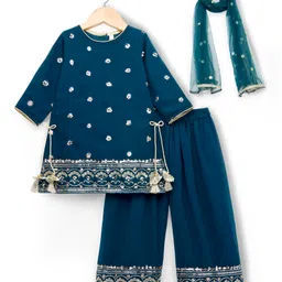 Babyhug Georgette Woven Half Sleeves Kurti Palazzo Set With Floral Embroidery & Dupatta - Navy Blue-picture-25