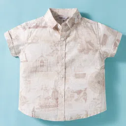 ToffyHouse Cotton Woven Half Sleeves Printed Shirt & Shorts Set with Bow & Suspender - White & Beige image 2