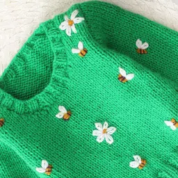 Woonie Full Sleeves Handknitted Bee & Flower Embroidered Sweater - Green image 4