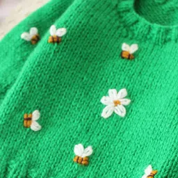 Woonie Full Sleeves Handknitted Bee & Flower Embroidered Sweater - Green image 5