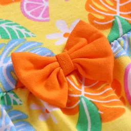 Babyhug Cotton Knit Singlet Sleeves Frock with Tropical Theme Print - Yellow image 4