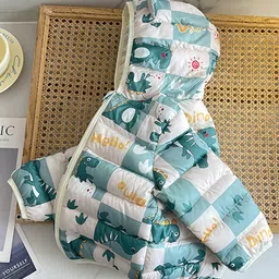 Babymoon Woven Full Sleeves Dinosaur Printed Winter Hooded Padded Jacket - Green image 5