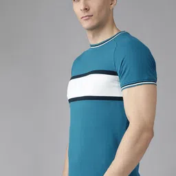 Roadster Men Teal Blue & White Colourblocked Pure Cotton T-shirt image 3