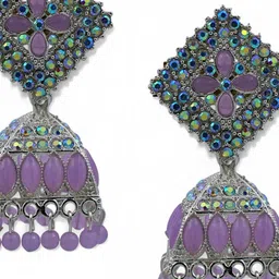 Stylewell Silver-Plated Rhinestones Studded & Beaded Dome Shaped Oxidised Jhumkas image 4