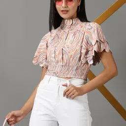 SHOWOFF Abstract Printed High Neck Flared Sleeves Smocked Blouson Crop Top-image-35
