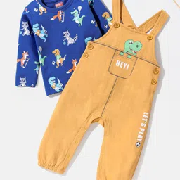 Babyhug Cotton Full Sleeves Tee With Dungaree Dino Print- Blue Orange image 1
