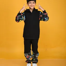 Anthrilo Full Sleeves  Truck Text Printed  Cut & Sew Hoodie With Coordinating Jogger Set - Black-picture-12