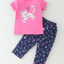 Teddy Sinker Half Sleeves Night Suit Kitty Print - Pink & Navy-picture-25