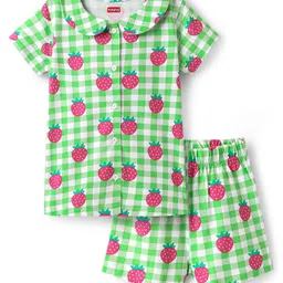 Babyhug Cotton Knit Half Sleeves Co-ords Peter Pan Collared Front Open Shorts Night Suit with Checks & Strawberry Print - Light Green-picture-35