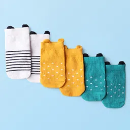 Cute Walk by Babyhug Knit Ankle Length Anti Bacterial Anti Skid Socks with Polka Dot Design & Stripes Pack of 3 - Yellow Mint & White-picture-13