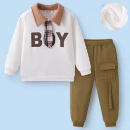 Mark & Mia Full Sleeves Winter Wear Polo T-Shirt & Joggers Set with Boy Text Print - White & Olive Green-picture-17