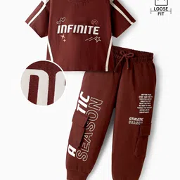 OLLINGTON ST. Cotton Half Sleeves Printed Top & Joggers Set - Brown image 1