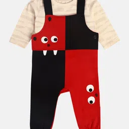 MINI KLUB Cotton Full Sleeves Colour Blocked Monster Patch Detailed Dungaree Set - Red & Black-picture-15