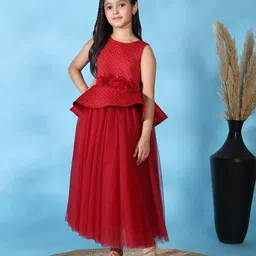 Toy Balloon Kids Net Woven Sleeveless Floral Applique Detailed Polka Dots Printed Gown - Maroon-image-11